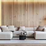 Ambiance minimaliste avec un revêtement mural en contreplaqué aménagement intérieur clair dans un espace de vie lumineux.