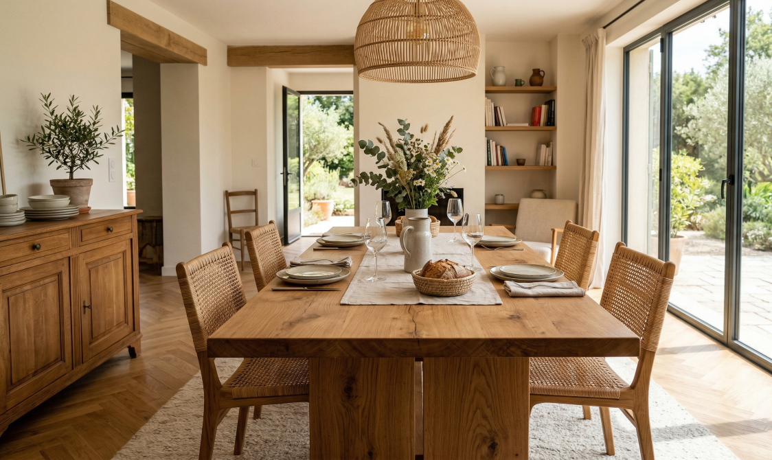 Table à manger en bois massif au centre d'une salle à manger lumineuse et contemporaine.