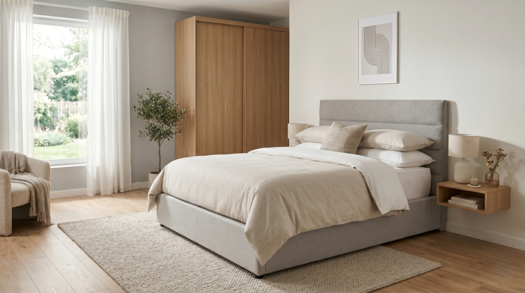 Chambre parfaitement rangée après la fermeture du lit coffre sur verin.