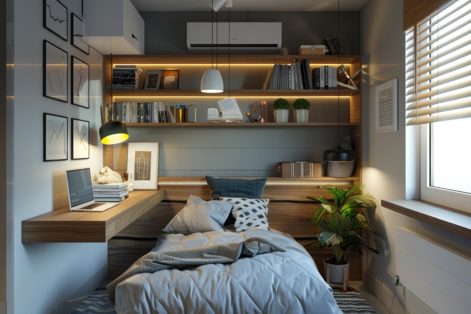 Une chambre à coucher avec un lit et un ordinateur portable sur le bureau